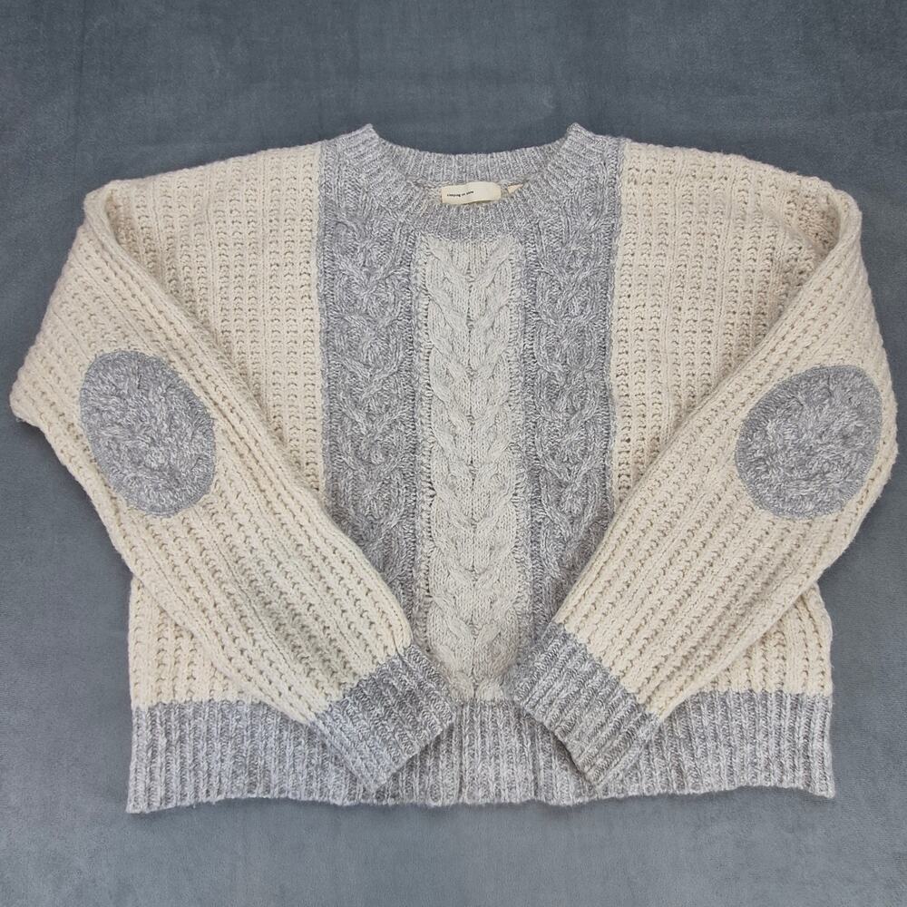 Sleeping on Snow Cream Cable Knit Alpaca Blend Sweater Elbow Patch Womens M